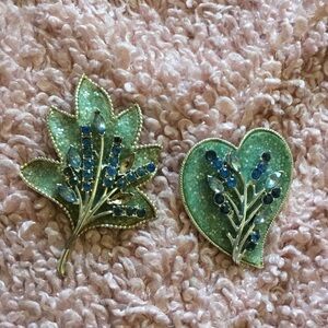 Coro Blue Leaf & Heart Brooch Set